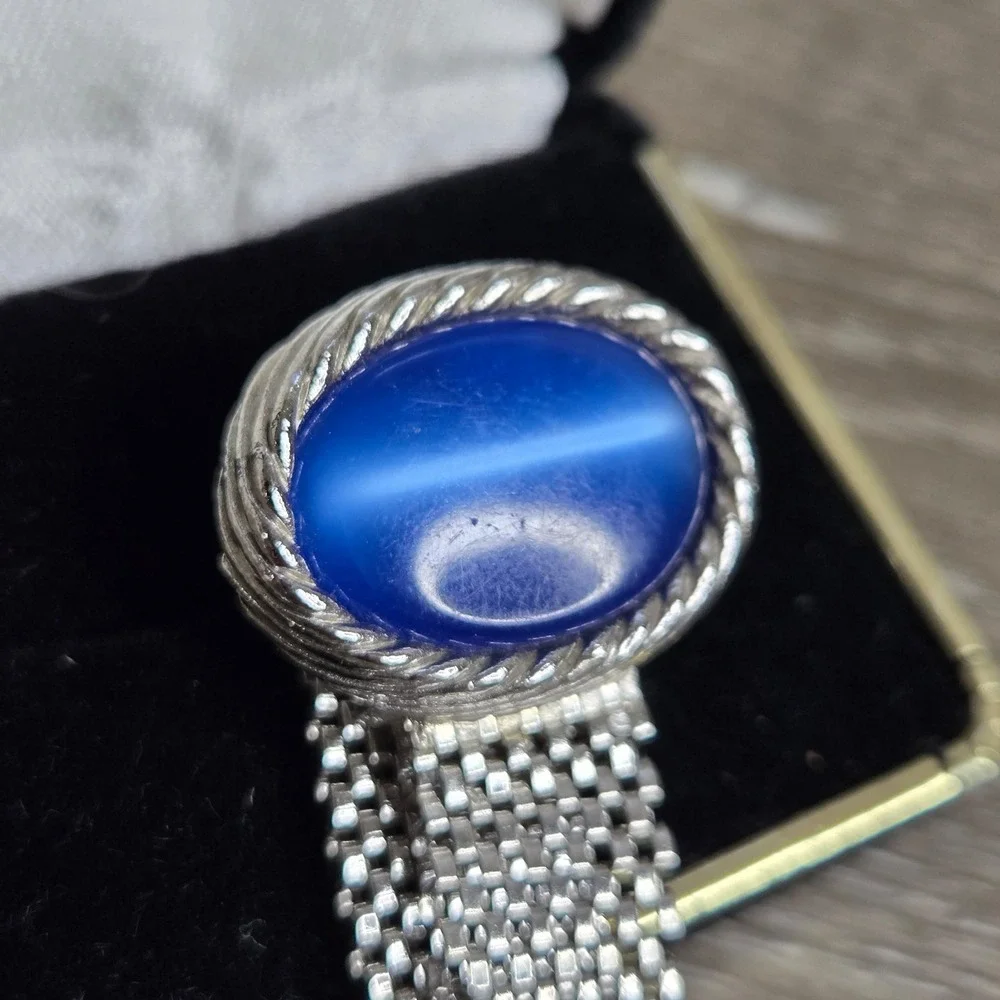 Silver Tone Blue Chatoyant Glass Cufflinks Wrap Around Mesh Toggle Back